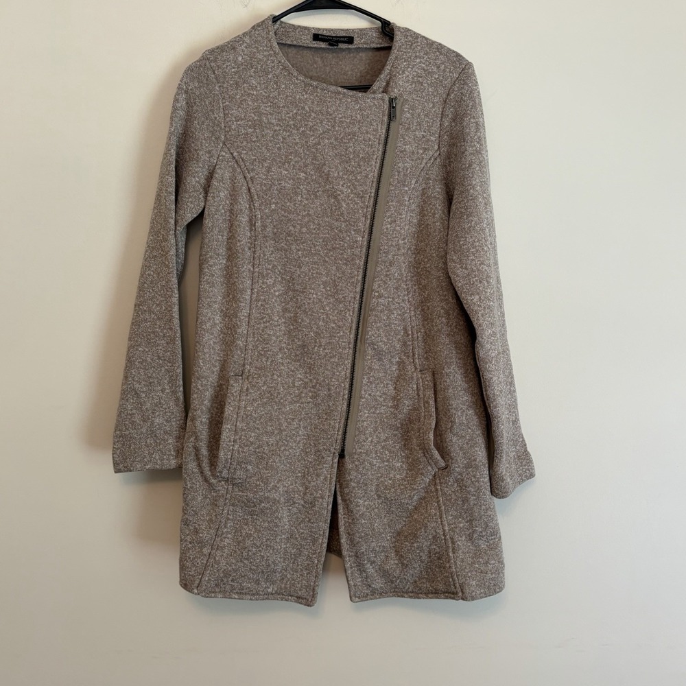 Banana Republic Knit‎ Longline Cardigan Sweater Jacket Asymmetric Zip Moto Tan M